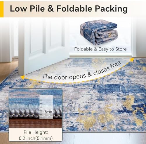 RELEANY Washable 7'x9' Abstract Area Rug for Living Room Blue Gold