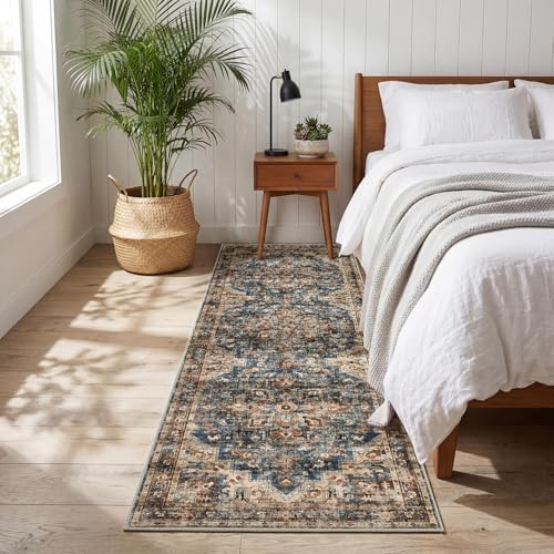 GarveeHome Washable Rug Runner 2x10 Vintage Runners for Hallways Blue&Brown