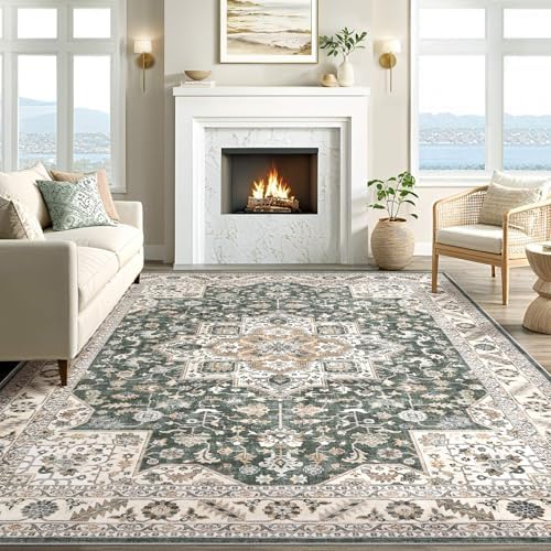 cotiled 5x7 Area Rug for Living Room, Washable, Traditional, Vintage Green