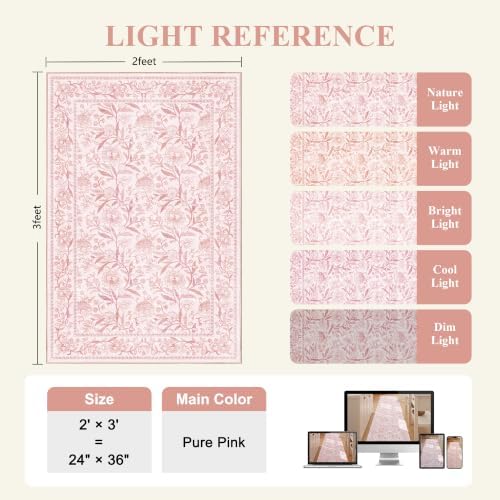 DUKINO 2x3 Rug, Washable Vintage Floral Bathroom Rugs Non Slip, Light Pink