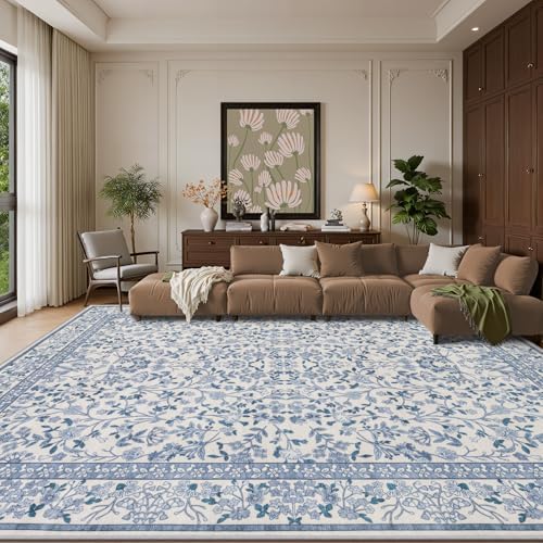 Area Rug 9x12 Living Room: Soft Floral Washable Boho Carpet Blue