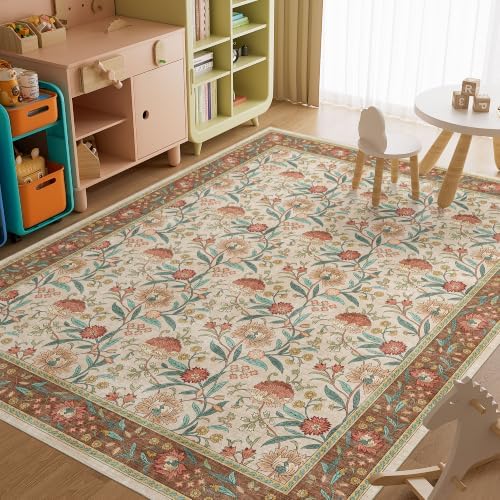 DUKINO 8x10 Area Rug, Vintage Floral Washable Rugs for Living Room, Brown