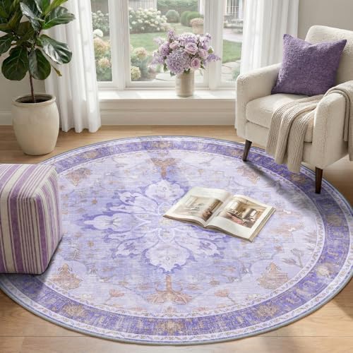 RELEANY Washable Area Rug, Round 4ft, Purple