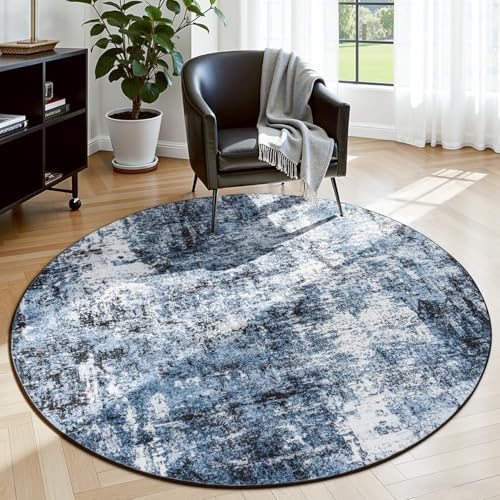 Rugflix Round Area Rugs 4Ft for Living Room, Washable Navy Blue Circle Rug