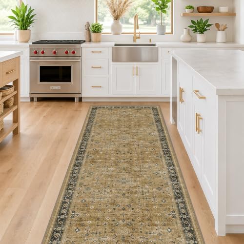 Washable 2x10 Entryway Long Runners for Hallways, Kitchen Floor Mat for Indoor Entrance, Vintage Rustic Brown and Charcoal Olive Decor, Non-Slip Stain Resistant Low-Pile Throw Rug