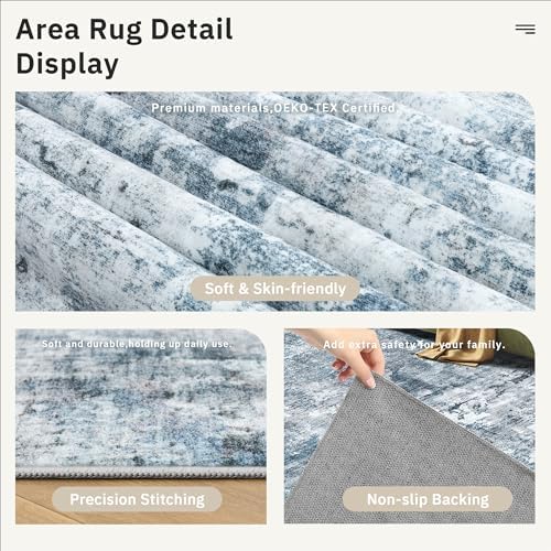 Soalmost Abstract Rug 8x10 Large Living Room Area Rugs Washable Blue/Grey