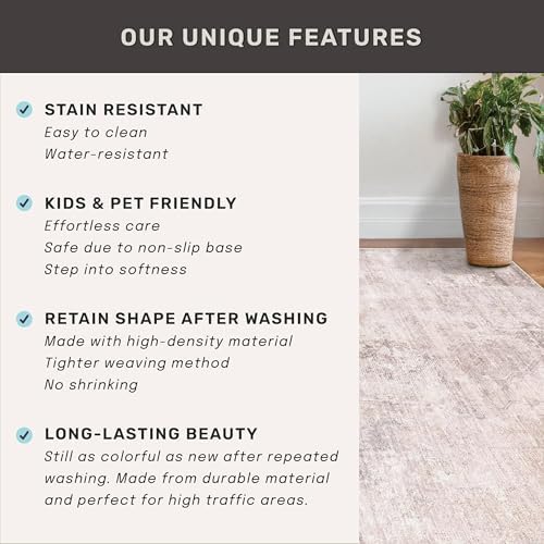 Washable Modern Living Room 8x12 Area Rugs - Pink Mauve and Grey Rug for Dining Room Under Table, Large Bedroom Carpet, Non Slip & Soft, Medallion Distressed Print Pattern, Distressed Design