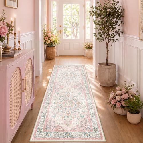 CAPALOCA Runner 2x6 Washable Nursery Girls Low Pile Area Rug Pink Teal