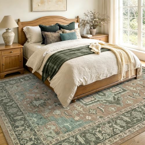 5x7 Ft Area Rugs for Living Room, Soft Non-Slip Machine Washable Rug, Vintage Stain Resistant Carpets for Bedroom Nursery Dining Room Home Decor (Brown)