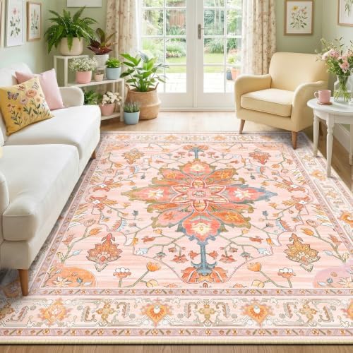 RELEANY Washable Area Rug, Square 7'x7', Pink/Light Pink/Colorful