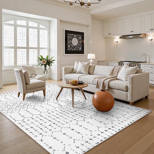 Lahome Moroccan 8x10 Rugs for Living Room - Non-Slip Washable Ultra-Thin Large Rug for Dining, Modern Geometric Print Indoor Soft Carpet for Bedroom Office Hana, White