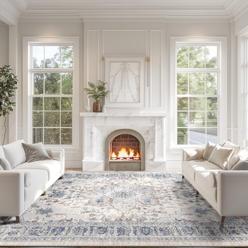 BESTSWEETIE Washable Boho 9x12 Area Rug, No Pile, Living Room, Beige Blue