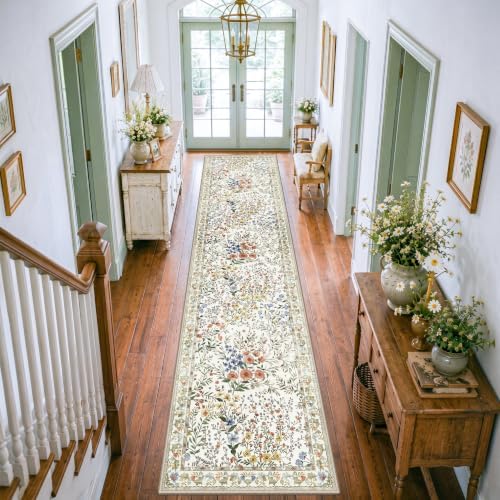 Washable Long Runner Rug 3x12: Vintage Botanical Runner for Large Hallway Office Gallery - Machine Washable Non Slip Low Pile Carpet - Soft Foldable Rug for Busy Indoor Spaces - 3'x12' Beige