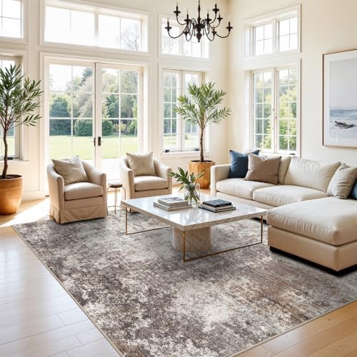 8x8 Square Living Room Area Rug – Washable Modern Neutral Abstract Indoor Rug for Bedroom, Dining Room, Kitchen – Non-Slip Soft Low-Pile Floor Carpet (Brown Beige,8x8)