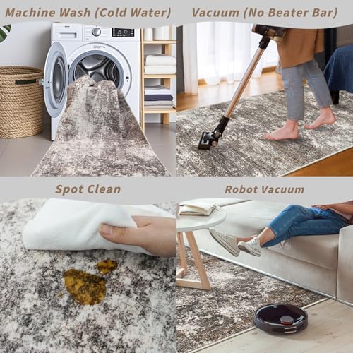 3x16 ft Non-Slip Hallway Runner Rug Washable Rubber Backed Large Carpet Runner for Hall, Kitchen Floor, Entryway, Bedroom, Living Room Abstract Modern Neutral Low-Pile Thin Brown Beige