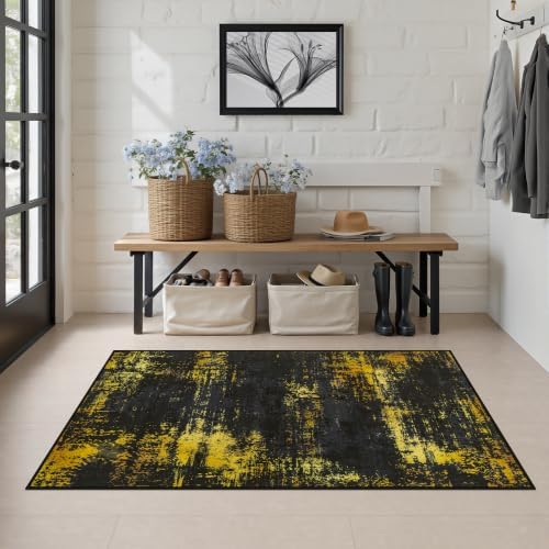 Area Rug Living Room: 3x5 Modern Washable Soft Carpet Black Gold