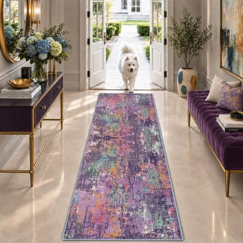 RELEANY Washable Runner 2'x6' Abstract Area Rug for Hallway Purple Multi