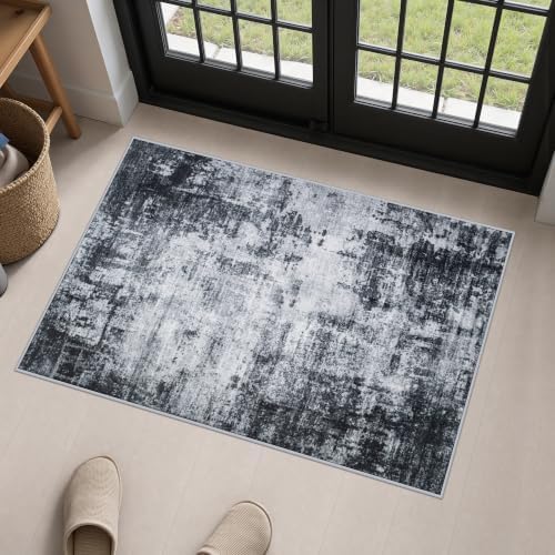 2x3 Washable Entryway Rug: Modern Abstract Soft Carpet Dark Black