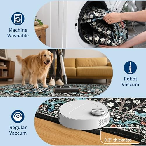GarveeHome Washable Rug for Living Room, 9x12 Large Area Rug for Dining Room Under Table, Bedroom, Floral Soft Low Pile Non Slip Stain Resistant Carpet for Nursery, Playroom, Office, Black