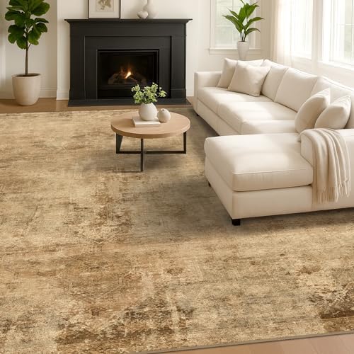 Farmhouse 8x10 Rugs for Living Room - Brown and Gold Dining Room Area Rugs for Bedroom, Washable, Soft, Lightweight & Stain Resistance, Neutral Dark Vintage Medallion Decor, Distressed Design