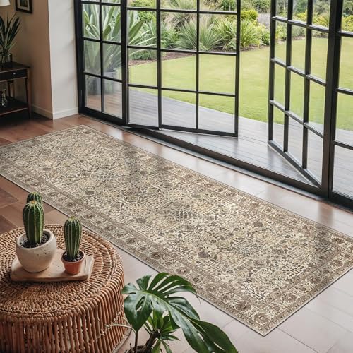 Bavni 2x10 Kitchen Runner Rug, Washable Non Slip, Cream Brown