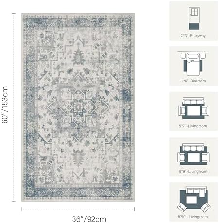 Rugxara 3x5 Entryway Rug,Blue Vintage Boho Bedroom Area Rug