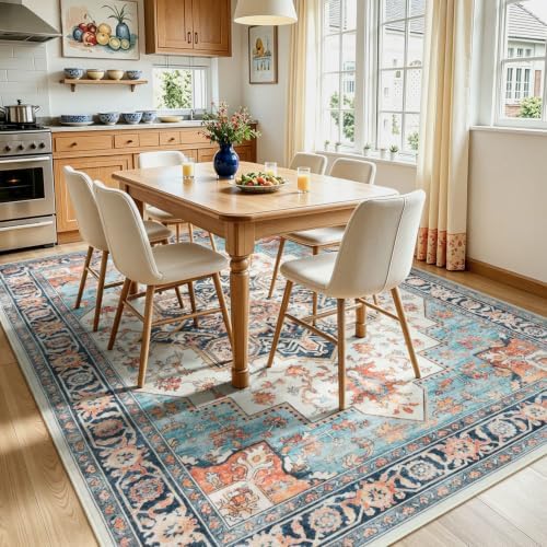 Lofus Washable Rugs 8x10, Blue and Orange Vintage Carpet for Living Room