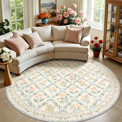 PLHXFR Round Area Rug Living Room: 8 ft Floral Washable Carpet Beige Multi
