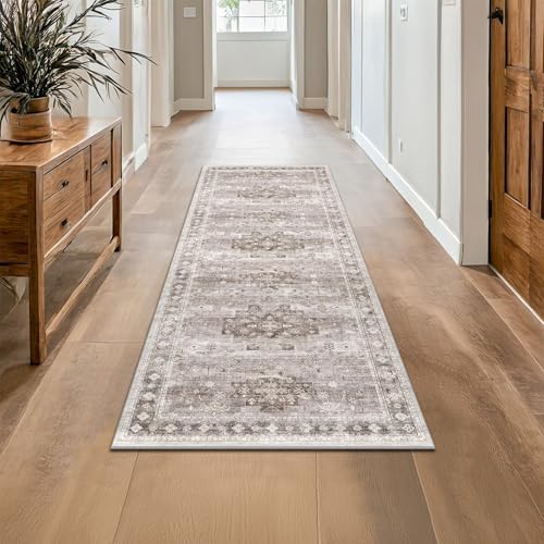 Hazo Haus Boho 2x7 Long Runner, Neutral Farmhouse Hallway Rug, Small Throw Runners for Bedroom, Bathroom, Kitchen, Vintage Floral Decor & Non-Slip Low-Pile Washable Stain Resistant, Latte Beige