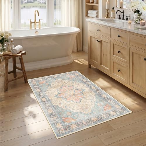RELEANY Washable Area Rug, Small 2'6"x4', Blue/Orange/Red