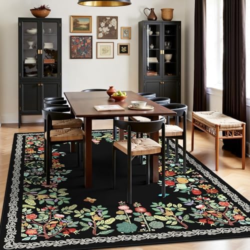 5x7 Area Rugs, Ultra-Thin Soft Rugs for Bedroom, Indoor Non-Slip Washable Rug for Living Room, Dining Room, Low Pile Home Decor Floral Rug(Black)