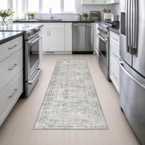 2.6x8 Washable Runner Rug：Modern Abstract Soft Carpet Black Grey