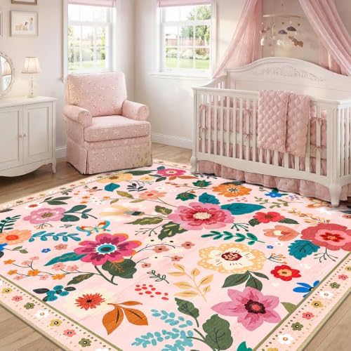 RELEANY Floral Washable Square 8ft Area Rug Pink