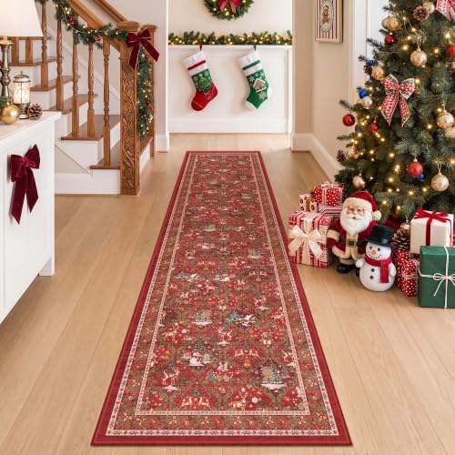 2x8 Christmas Runner Rug for Hallway,Washable Kitchen Rug,Red
