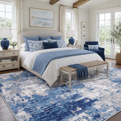 RELEANY Washable 9'x12' Abstract Area Rug for Living Room Blue Gray