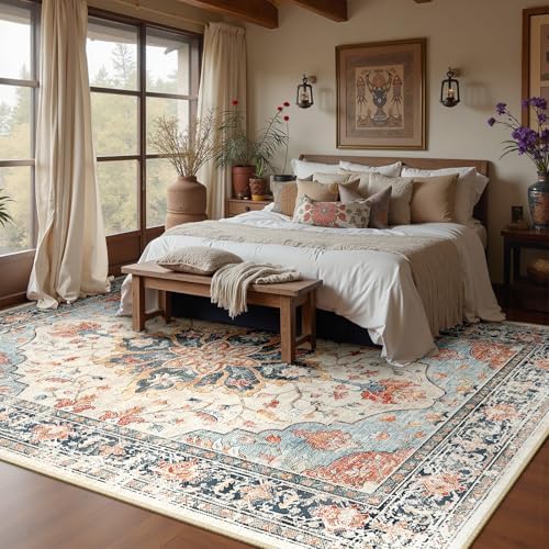 RELEANY Washable Area Rug, Large 10'x14', Beige/Blue/Orange