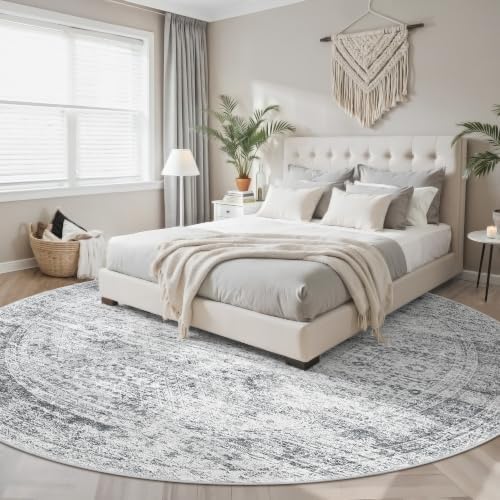 Soalmost Round Rugs 8ft Living Room Circle Area Rug 8x8 Grey Vintage