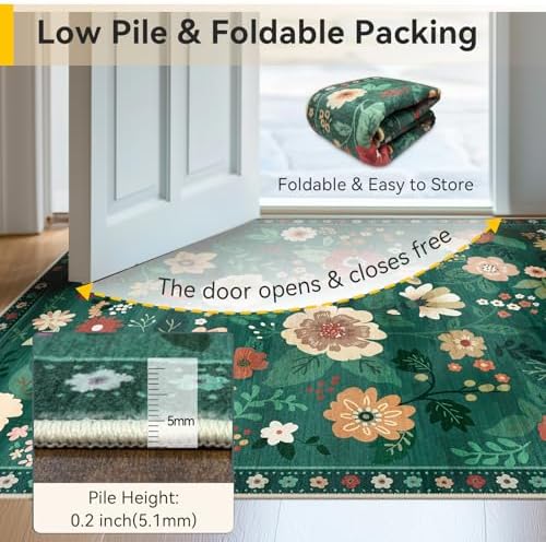 RELEANY Floral Washable 3x5 Area Rugs DarkGreen