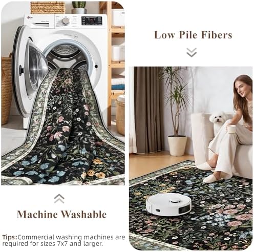 Washable Kitchen Runner Rug 2x6: Vintage Floral Rug for Hallway Kitchen - Machine Washable Non Slip Low Pile Carpet - Soft Foldable Runner for High Traffic Areas - 2'x6' Black