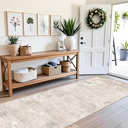 3x12 ft Washable Hallway Runner Rug - Long Non Slip Low Pile Thin Carpet Runners, Modern Abstract Neutral, Stain Resistant for Kitchen, Entryway, Bathroom（Beige Grey,3x12）