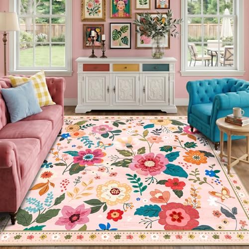 RELEANY Floral Washable Square 8ft Area Rug Pink