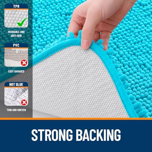 OLANLY Bathroom Runner Rugs 44x24, Soft Absorbent Chenille Bath Rugs, Rubber Backing Quick Dry, Machine Washable Long Bath Mats for Bathroom Floor, Tub and Shower, Home Decor Accessories, Aqua Sky