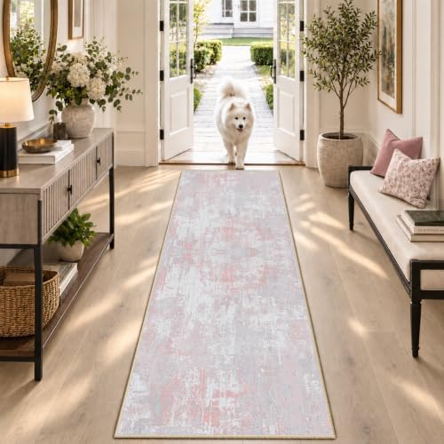 RELEANY Washable Runner 2'x6' Abstract Area Rug for Hallway Gray Pink