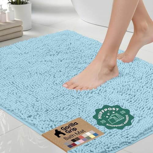 GORILLA GRIP Bath Rug Mat for Bathroom, Absorbent Chenille, 44x26 Sky Blue