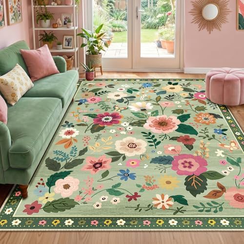 RELEANY Floral Washable 5x7 Area Rugs LightGreen