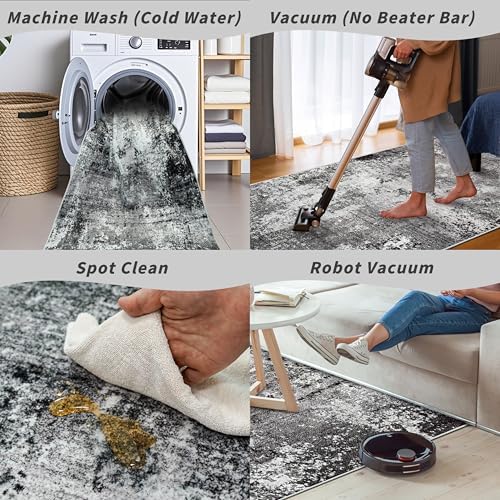 4x5 Washable Entryway Rug – Non-Slip Low Pile Throw Area Rug for Bathroom Kitchen Living Room Bedroom – Modern Abstract Neutral Soft Indoor Small Carpet (Black Grey,4x5)