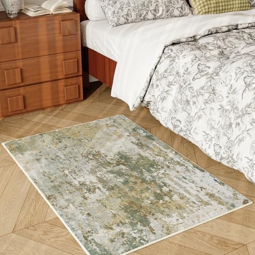Entryway Rug 2x3 Green Door Mat Indoor Entrance 24x36, Washable Small Throw Rugs for Kitchen Floor, Entry, Front Door, Bedside, Non-Slip Low Pile Stain & Fade Resistant, Abstract Sage Green