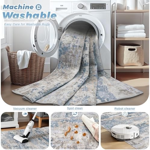 pmtsns Area Rugs 9x12 for Living Room: Washable Rug Modern Abstract Neutral Soft Non-Slip Low-Pile Indoor Large Carpet for Bedroom Dining Room Playroom Home Office (Light Blue Brown, 9'x12')