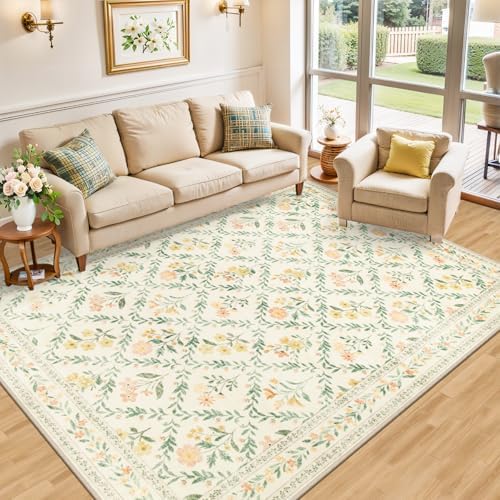 PLHXFR Area Rug Living Room: 4x6 Floral Washable Boho Carpet Beige Multi