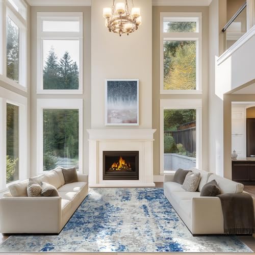 10x14 Area Rugs for Living Room Washable Dining Room Blue Grey White